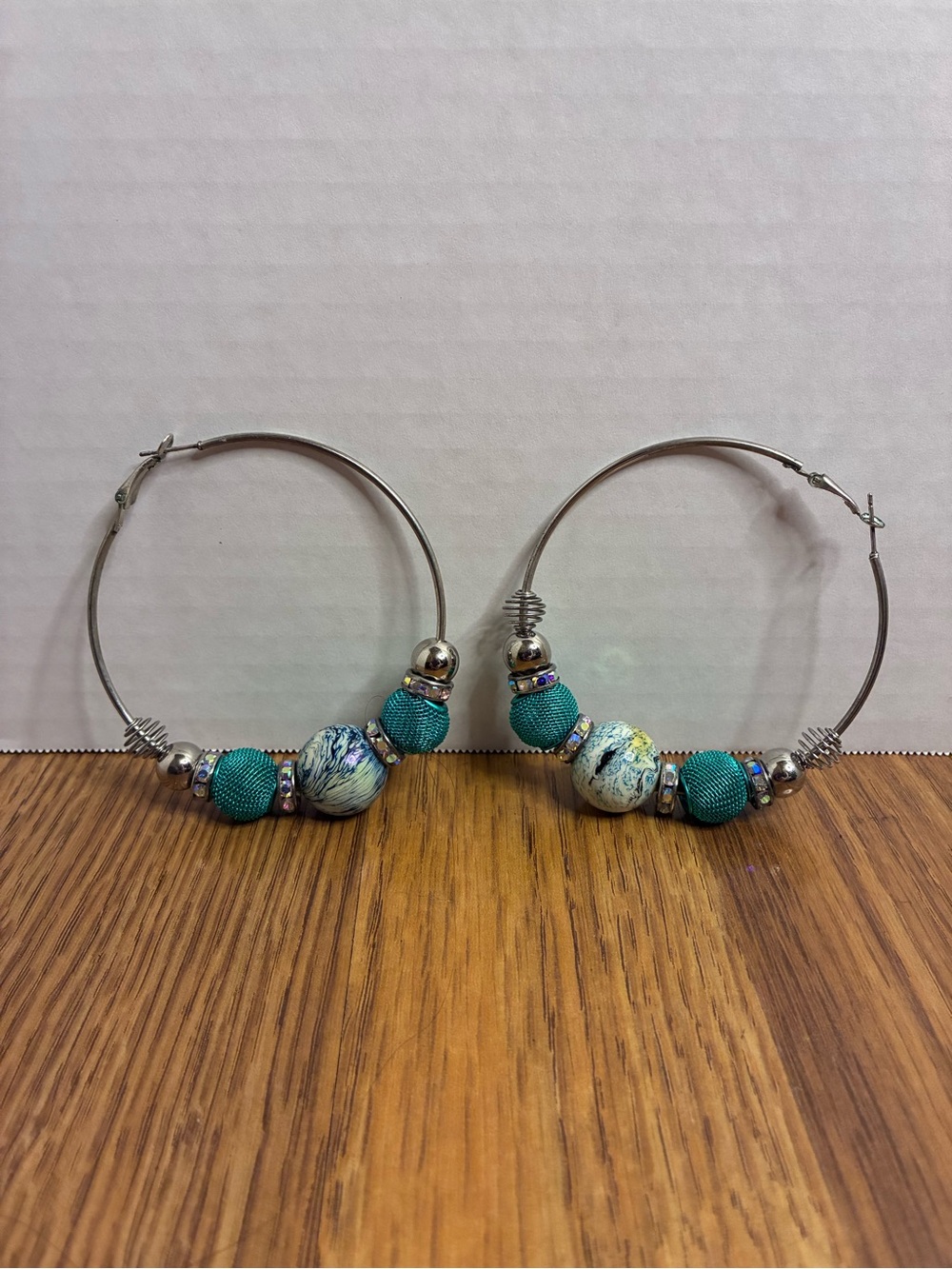Boho Turquoise Silver Toned Hoop Earrings Crystal And Marble Style Beads.